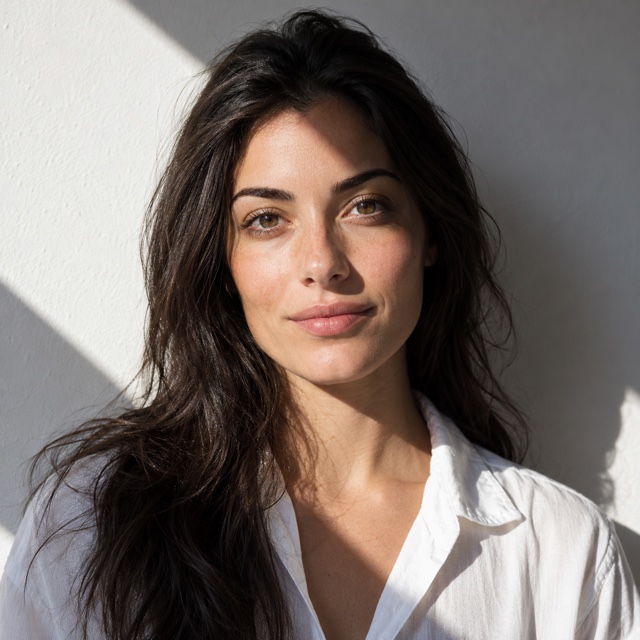 A woman with long dark hair in a white shirt looks at the camera, calm, in hard sunlight that throws a diagonal band of light and shadow across her and a white wall.