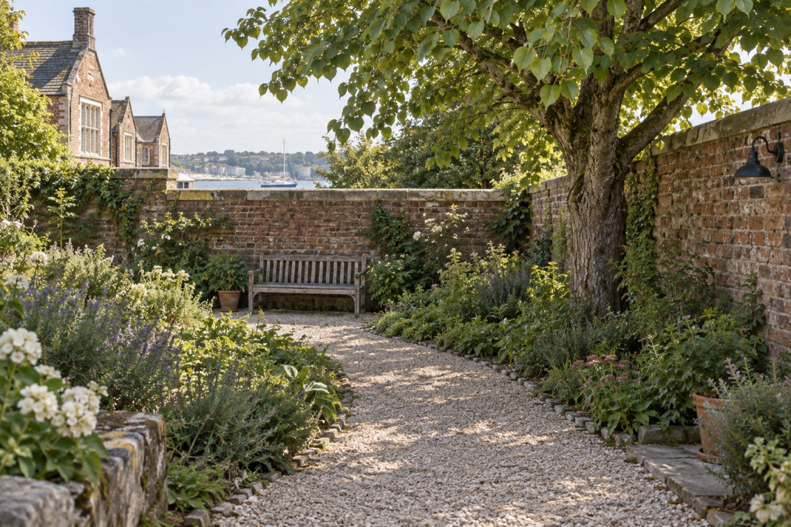 The brick-walled garden at Bellgarth in late morning: a gravel path between planted beds, a wooden bench against the far wall, a lime tree, and the harbour beyond.