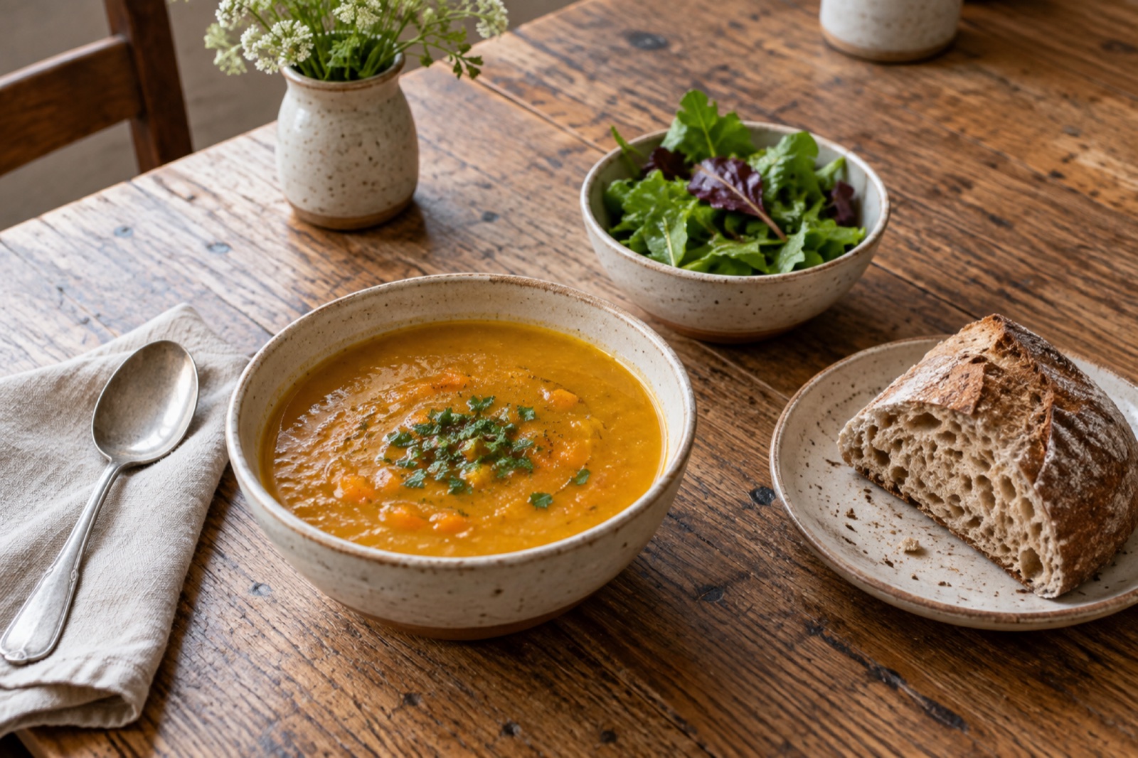 A stoneware bowl of orange soup with a heel of bread and a small green salad on an oak table in midday window light.