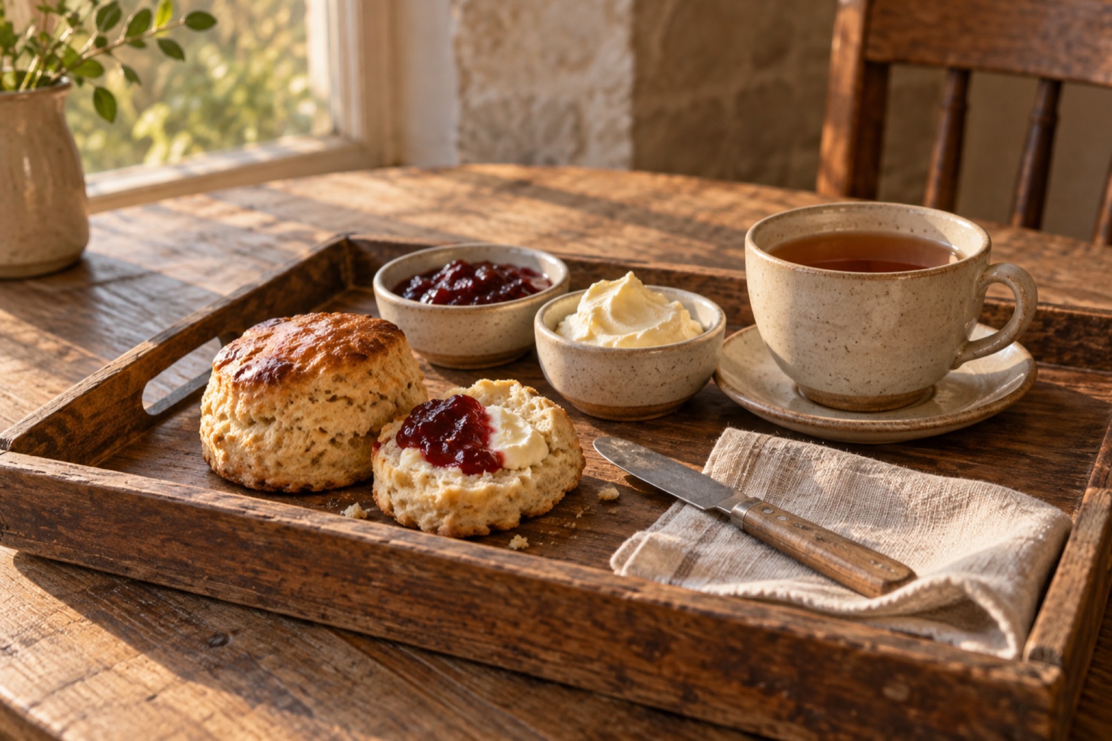 Two scones with strawberry jam and clotted cream beside a cup of tea on a wooden tray in gold afternoon light.