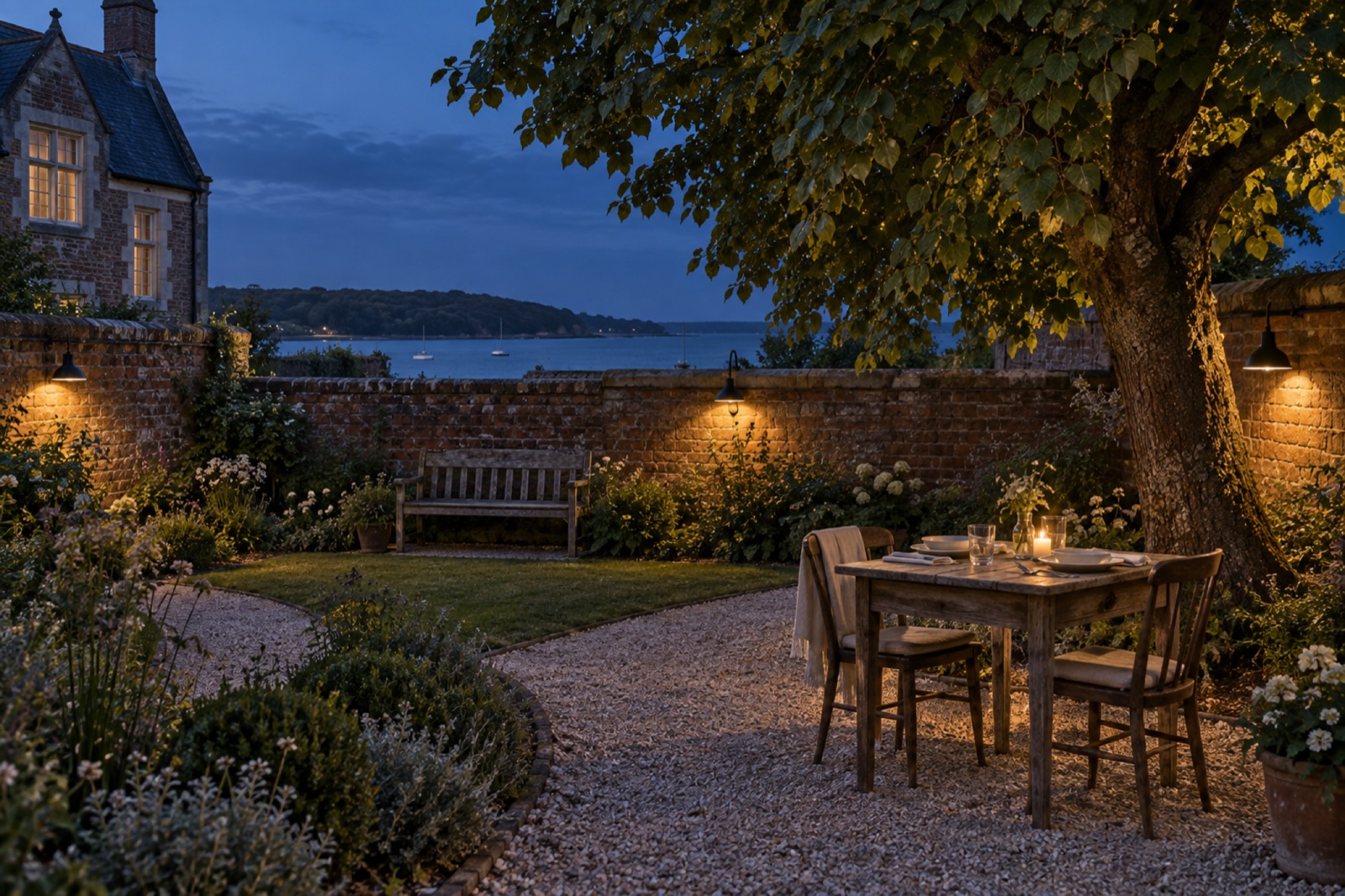 The walled garden at dusk: wall lamps lit along the brick, a table for two set with a candle under the lime tree, and the harbour under a deep blue sky.