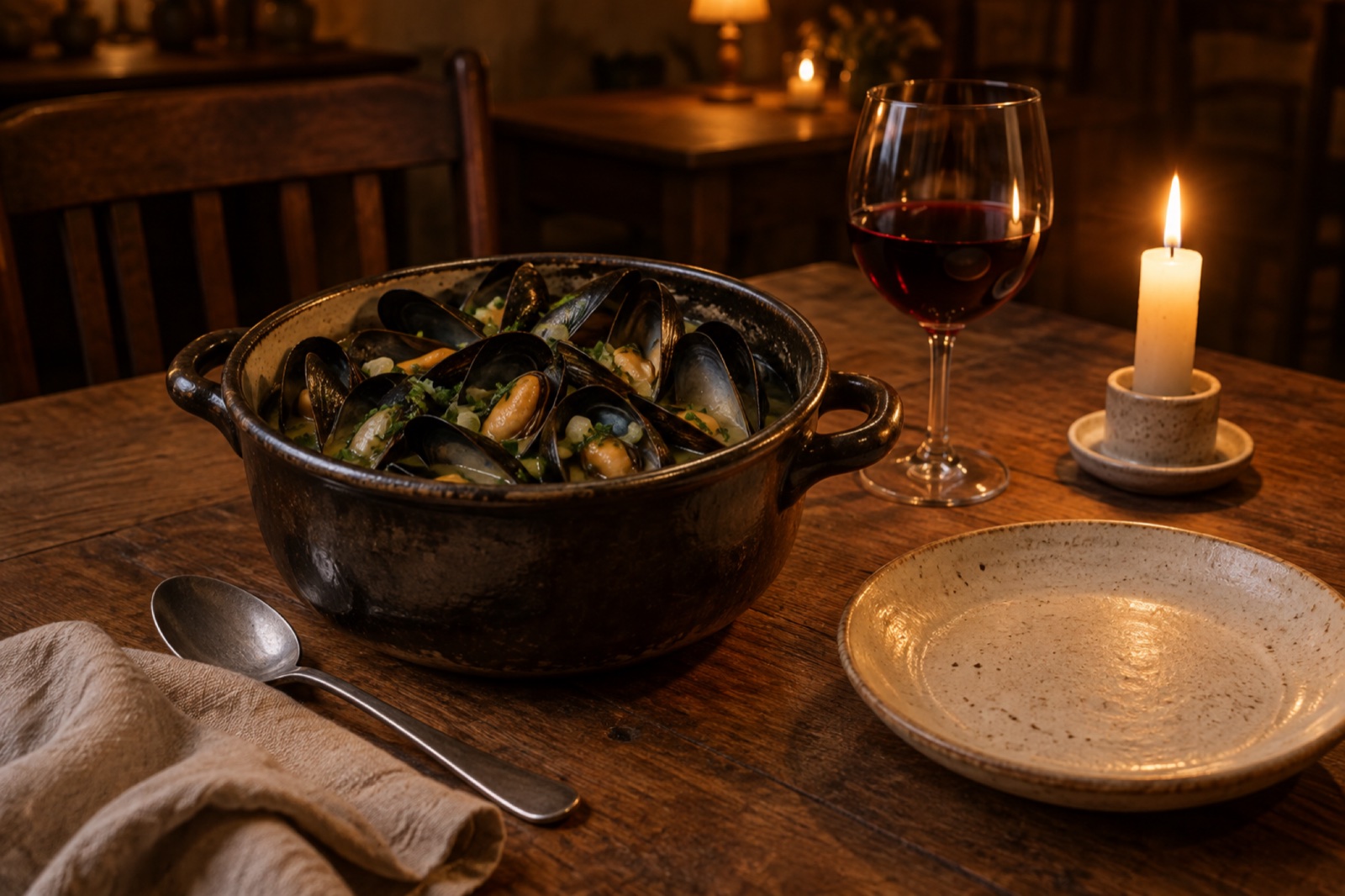 A black pot of mussels in cider and a glass of red wine on an oak table by candlelight, with a stoneware plate and a spoon.