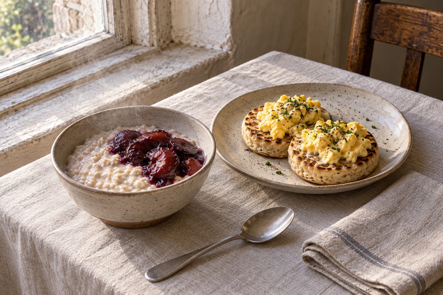 Oat porridge with dark stewed plums in a stoneware bowl and two buttered crumpets under scrambled eggs and chives, on linen by a window.