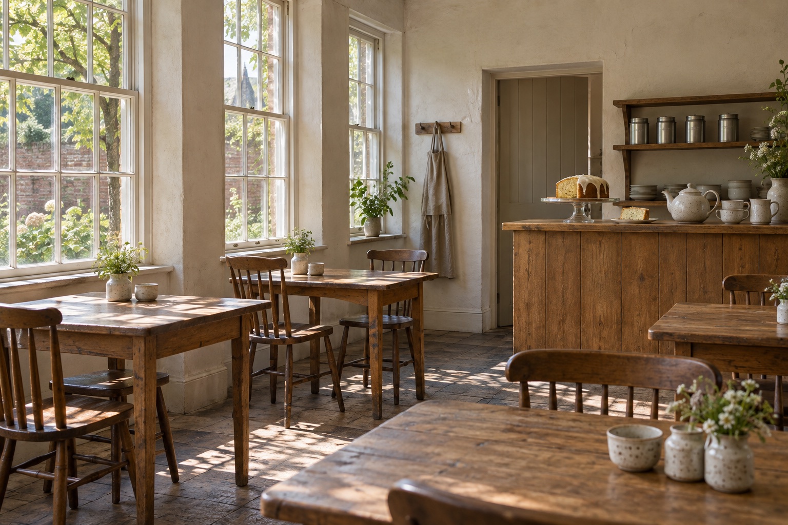 The old schoolroom at midday, empty and ready: worn oak tables and plain chairs, tall windows on the left and a counter with a cake stand and tea tins at the back.