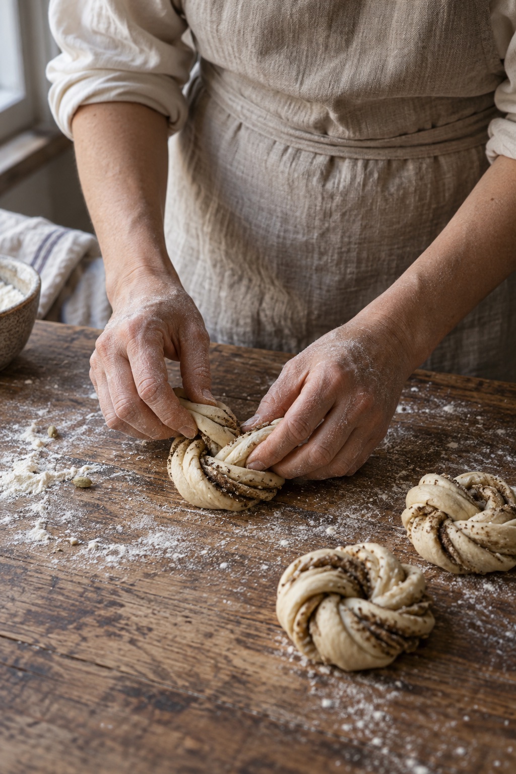 Floured hands twisting cardamom bun dough on a worn oak bench, with two shaped buns and a bowl of flour beside them.
