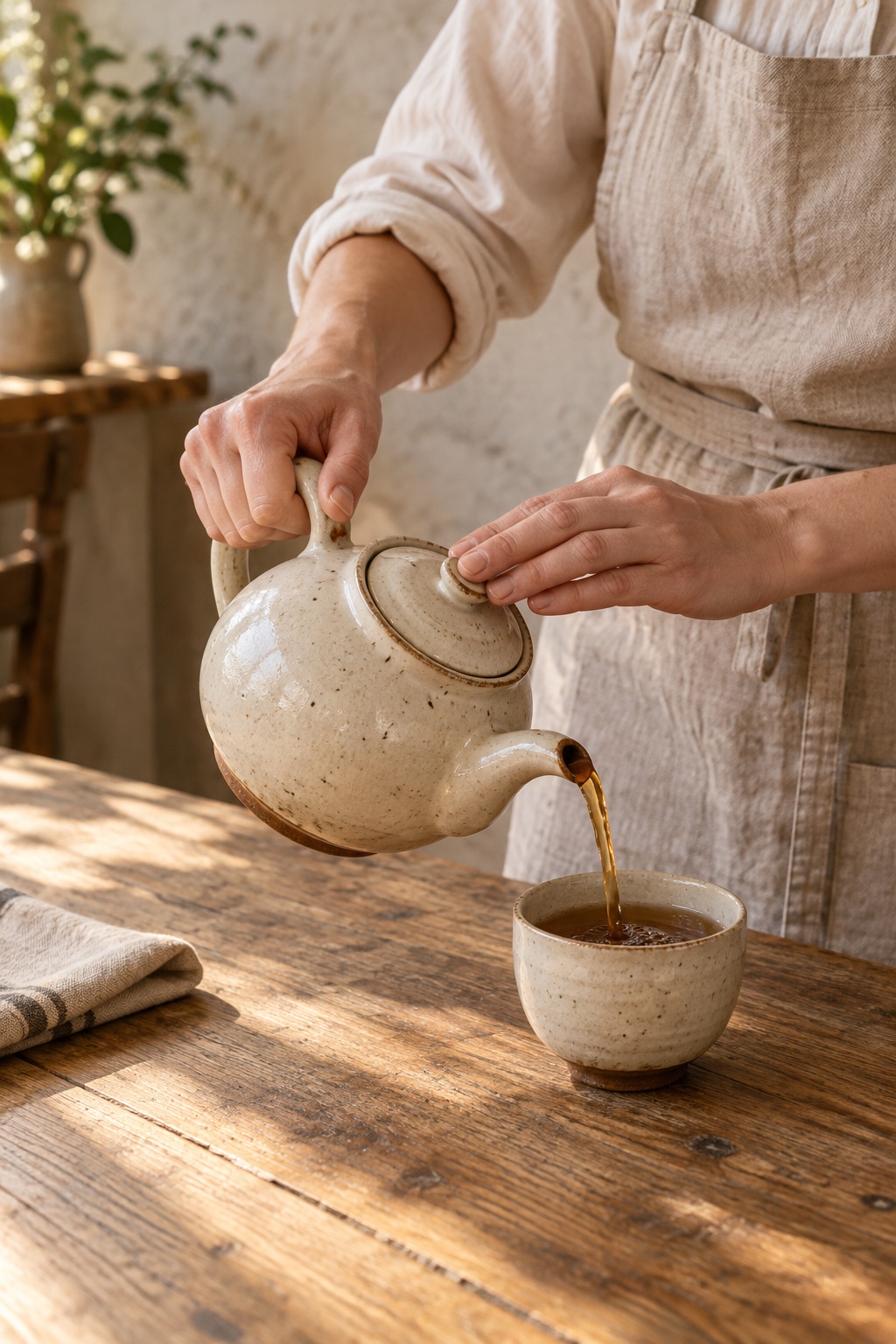 Hands in a linen apron pouring tea from a speckled stoneware pot into a cup, one hand steadying the lid, in gold afternoon light.