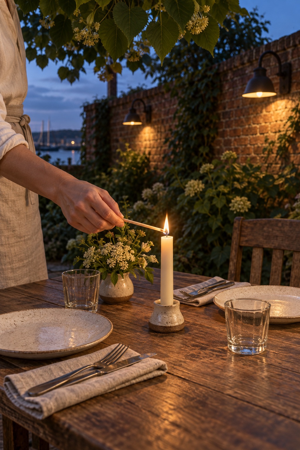A hand lighting a candle with a long match on a set garden table at Bellgarth, wall lamps glowing on the brick behind at dusk.