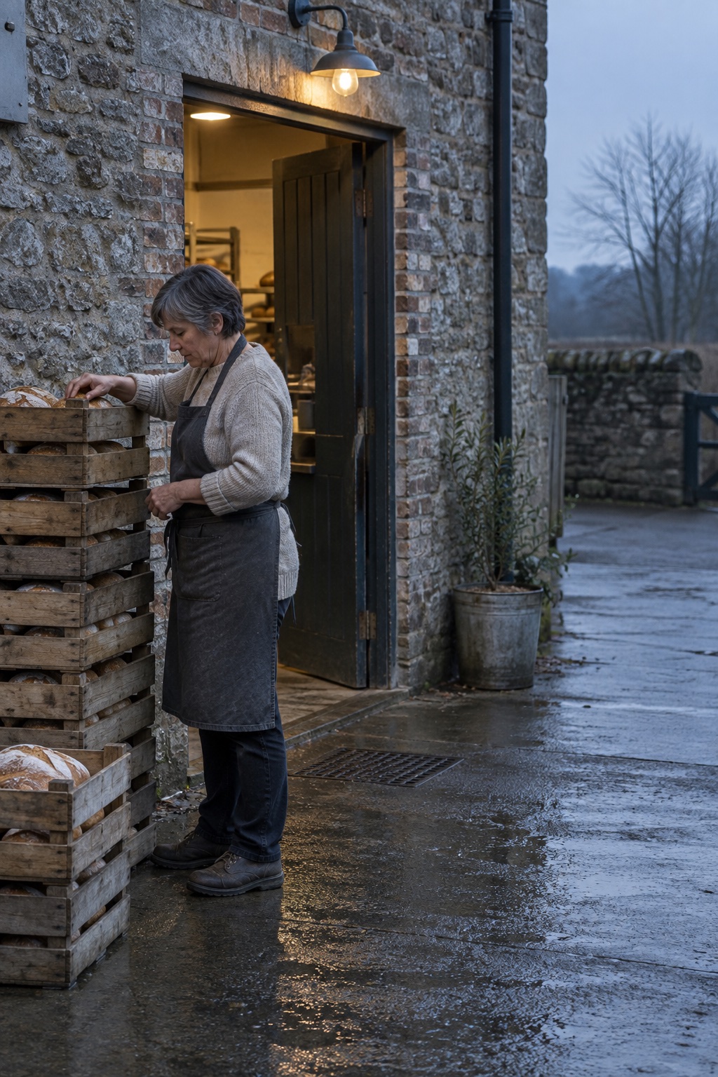 A baker in her fifties counts bread crates at her back door under a bare bulb at dawn.