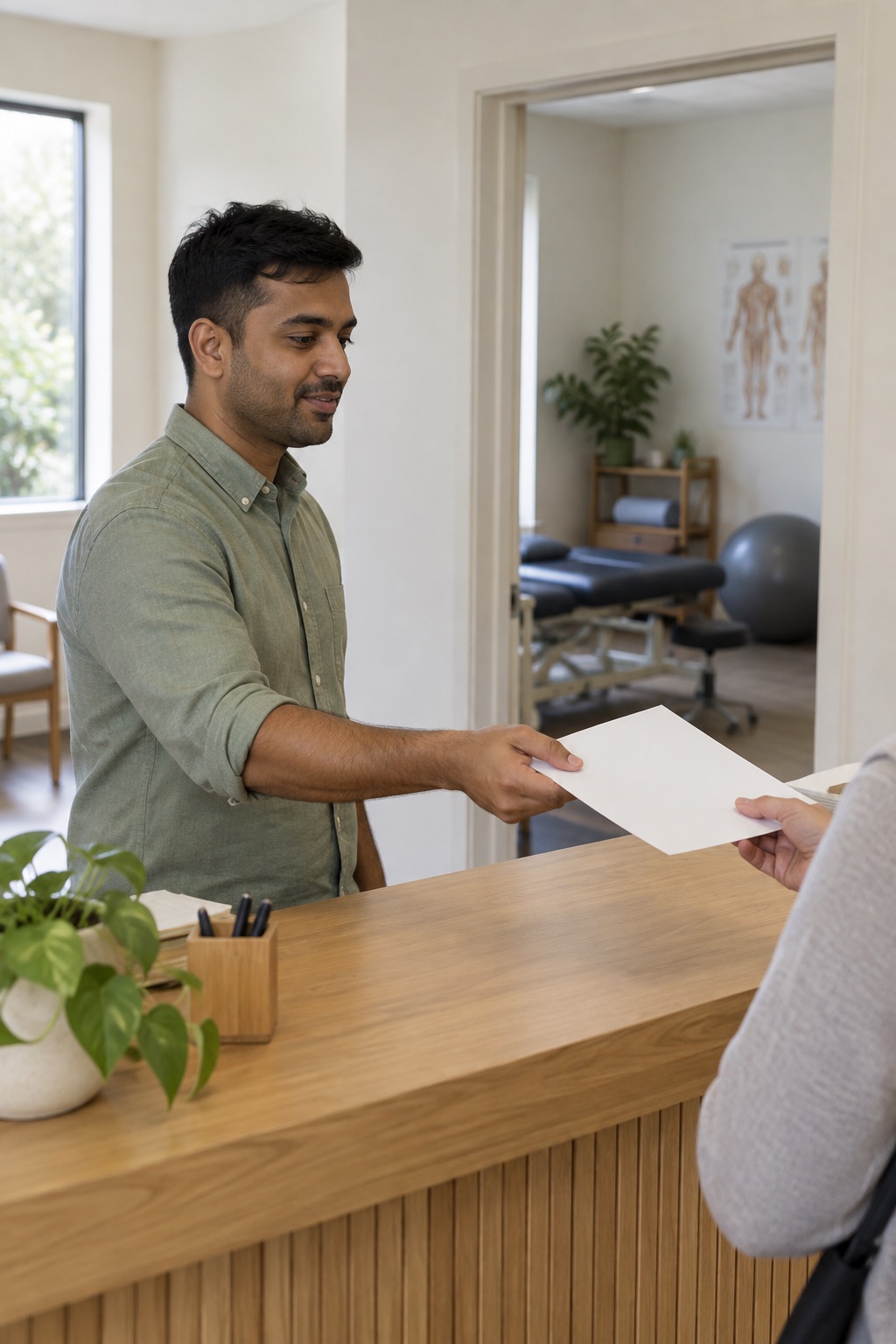 A man at a physiotherapy clinic's front desk hands a patient a paper form.