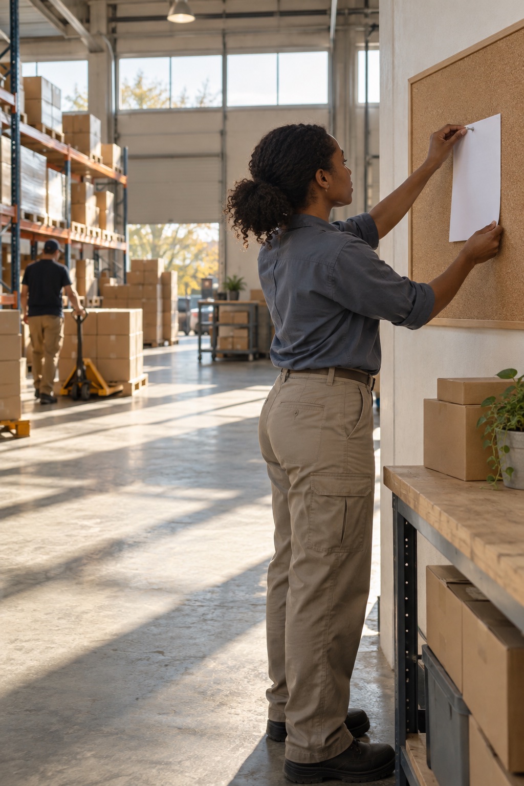 A warehouse shift lead pins a printed rota to a cork board in low afternoon sun.