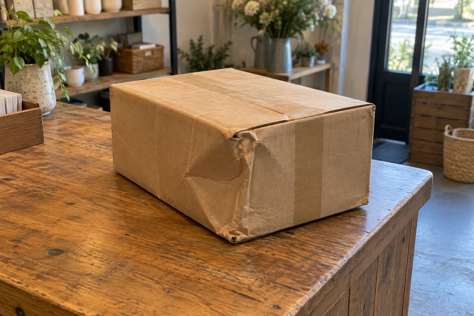 A dented cardboard parcel on a shop counter