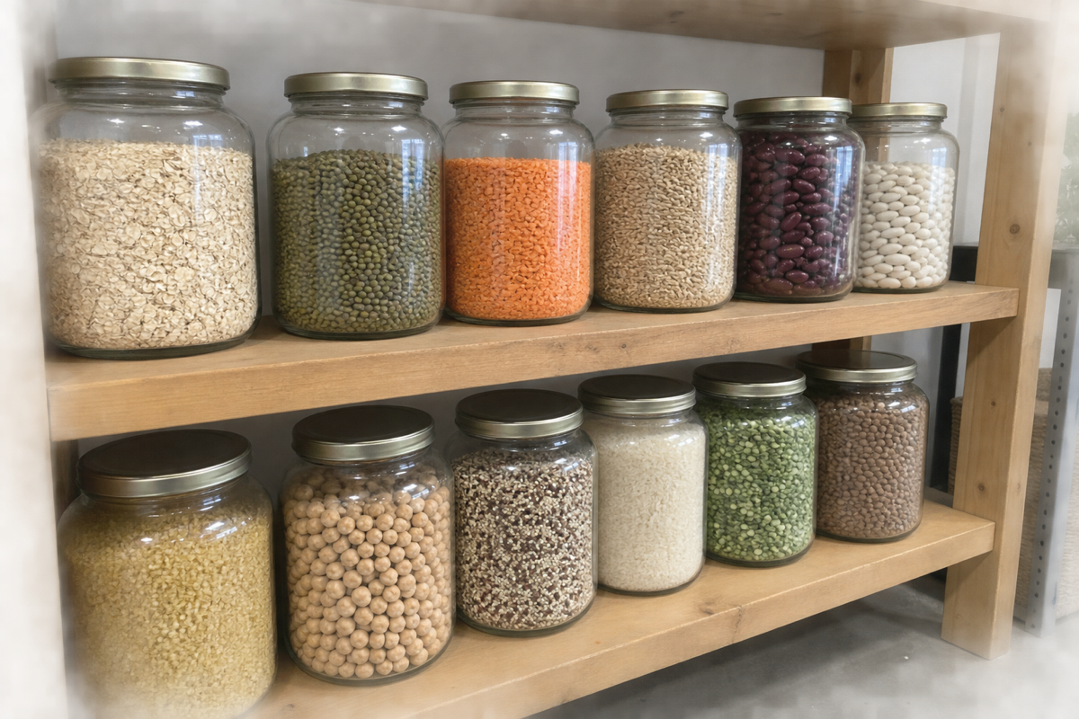 A restocked shelf of glass jars