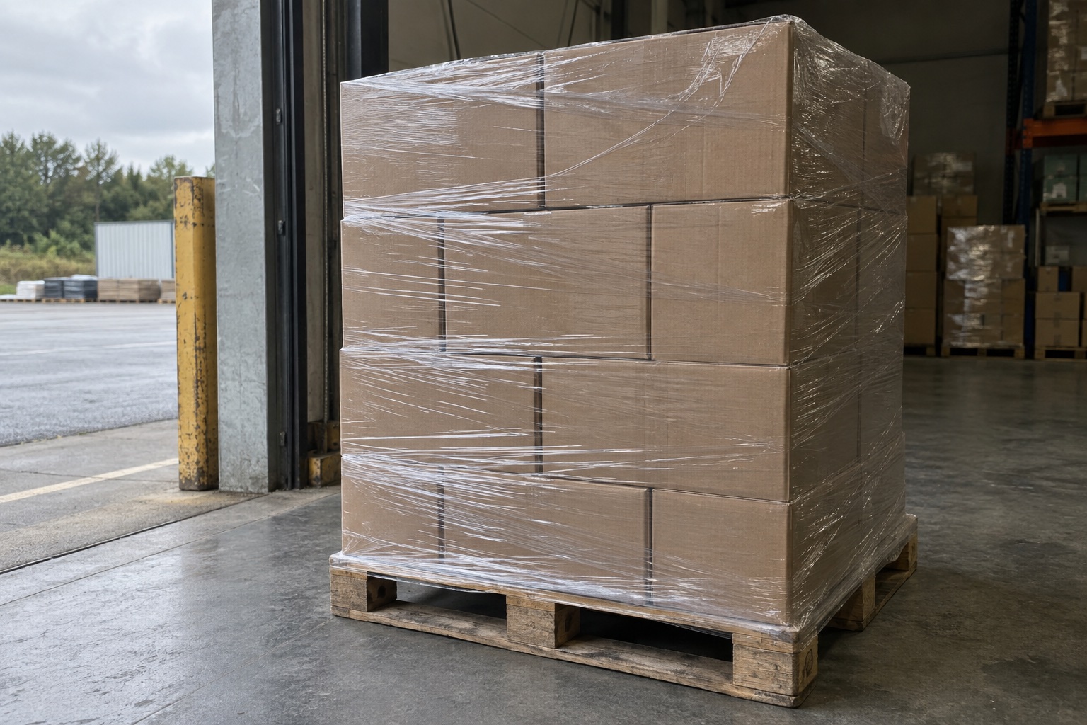 A wrapped pallet on a loading dock