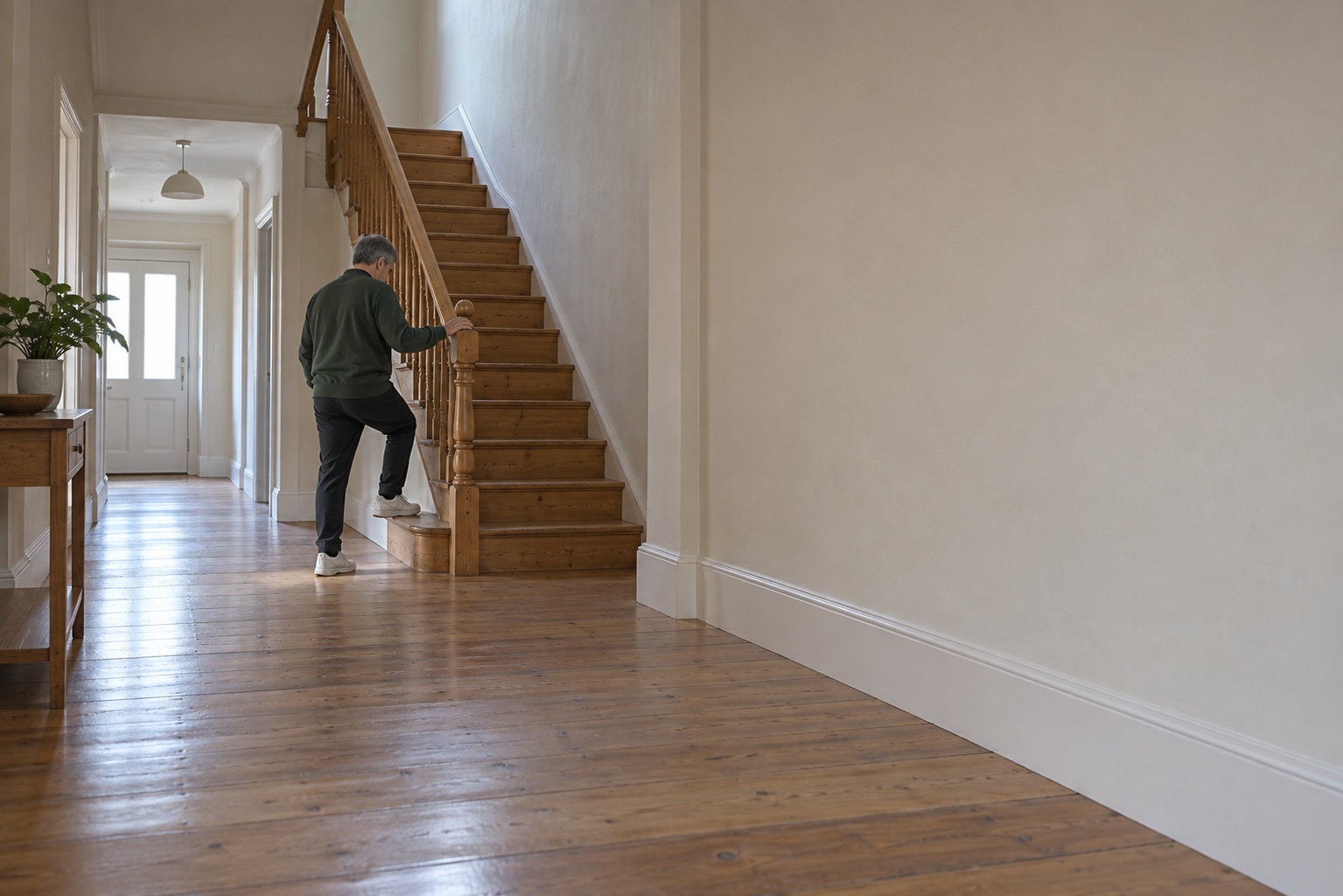 An adult in a green sweatshirt does a supported step-up on the bottom stair of a pale hallway, one hand on the banister.