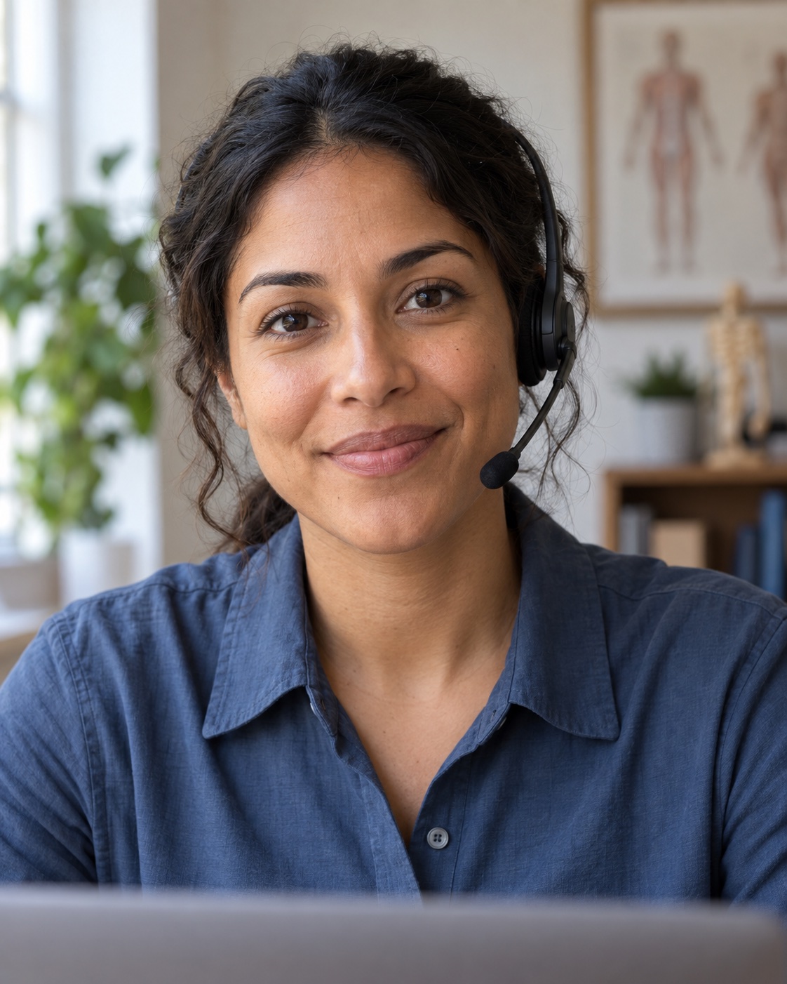 A physiotherapist with dark curly hair and a call headset, in a blue linen shirt, looks into the camera and smiles in a bright treatment room.