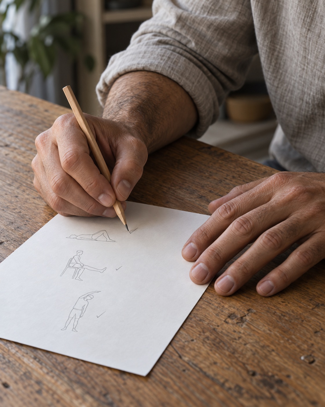 Close on a reviewer’s hands at a wooden desk, marking a printed plan of exercise drawings with a pencil.