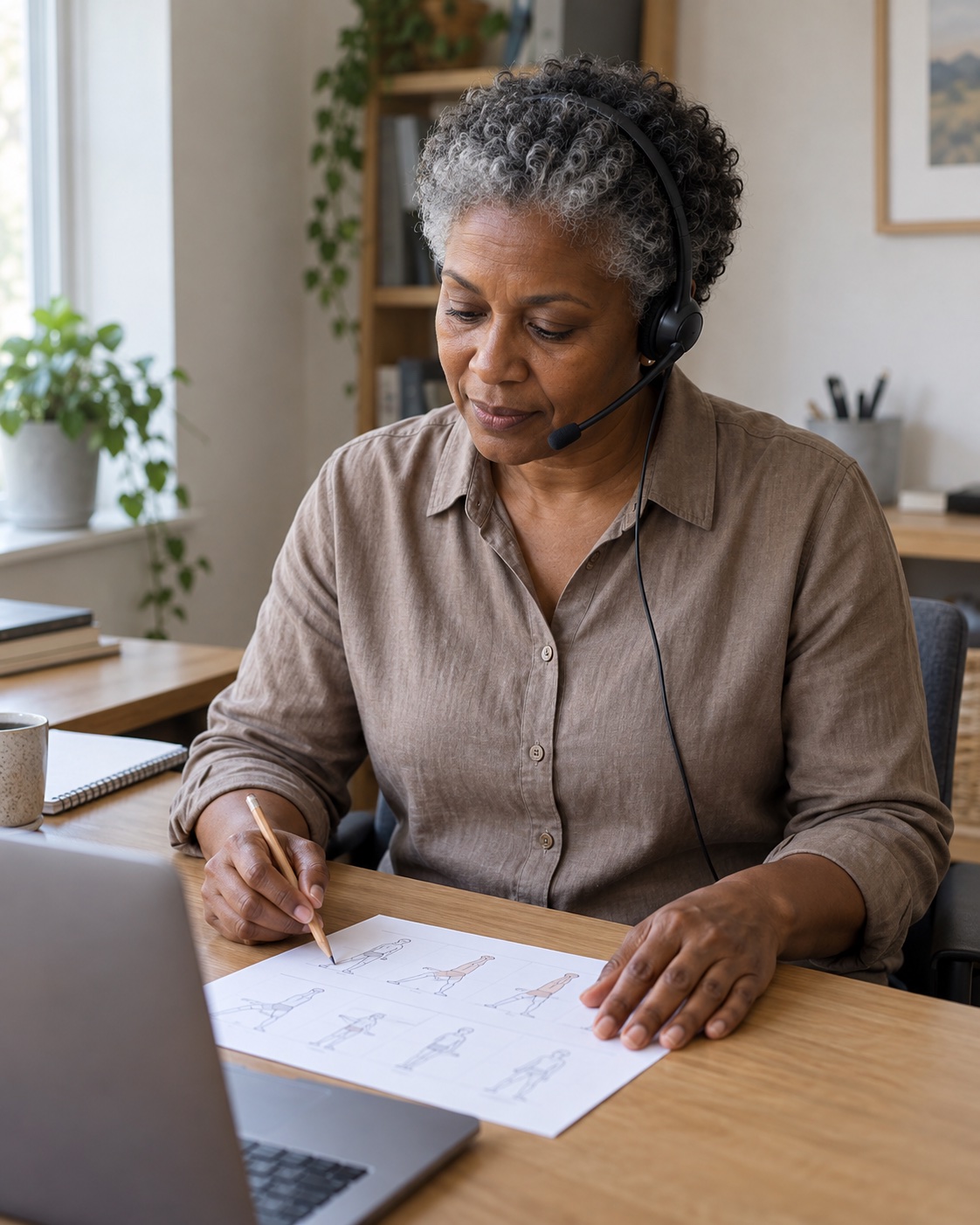 A clinical lead with short grey curls and a call headset looks down at a printed plan, pencil in hand, at a desk beside a laptop.