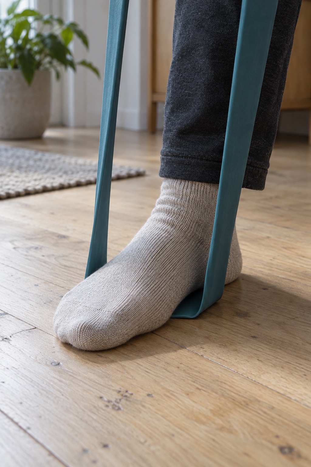 A foot in an oatmeal sock planted on a wooden floor, a blue-green resistance band looped under it.