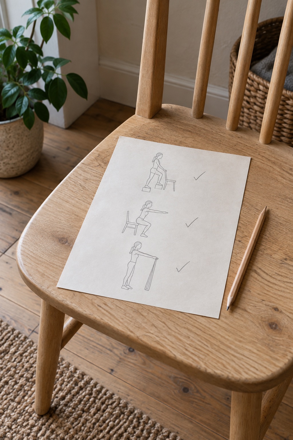 A printed exercise plan of three line drawings with pencil ticks, lying on a wooden kitchen chair beside a pencil.