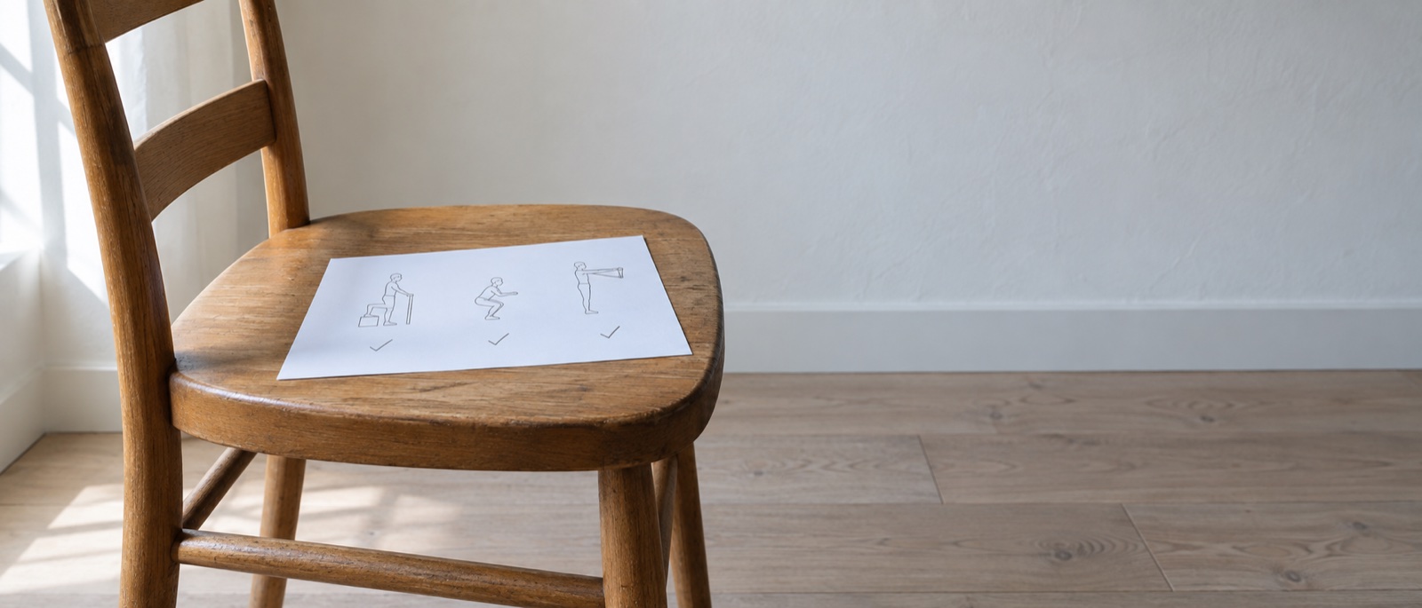 A printed exercise plan of three line drawings, each ticked, lies on the seat of a wooden kitchen chair beside a plain wall in side daylight.