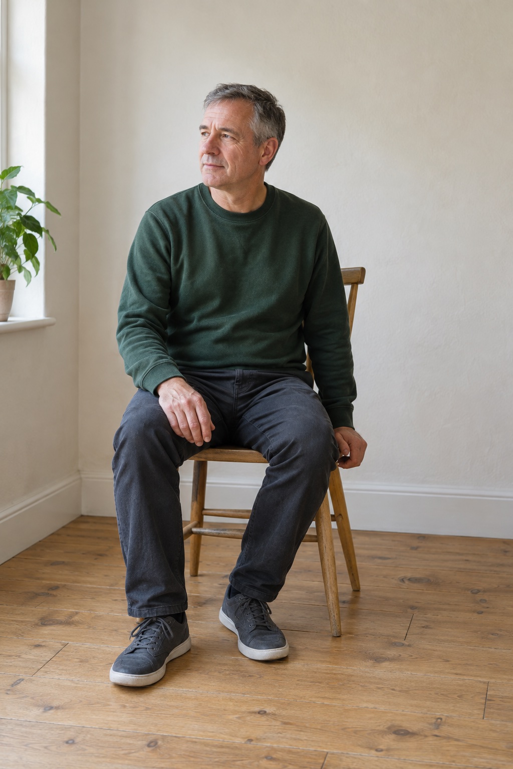 A man in his fifties in a green sweatshirt sits on a wooden kitchen chair at home, one hand on his knee, looking toward the window.