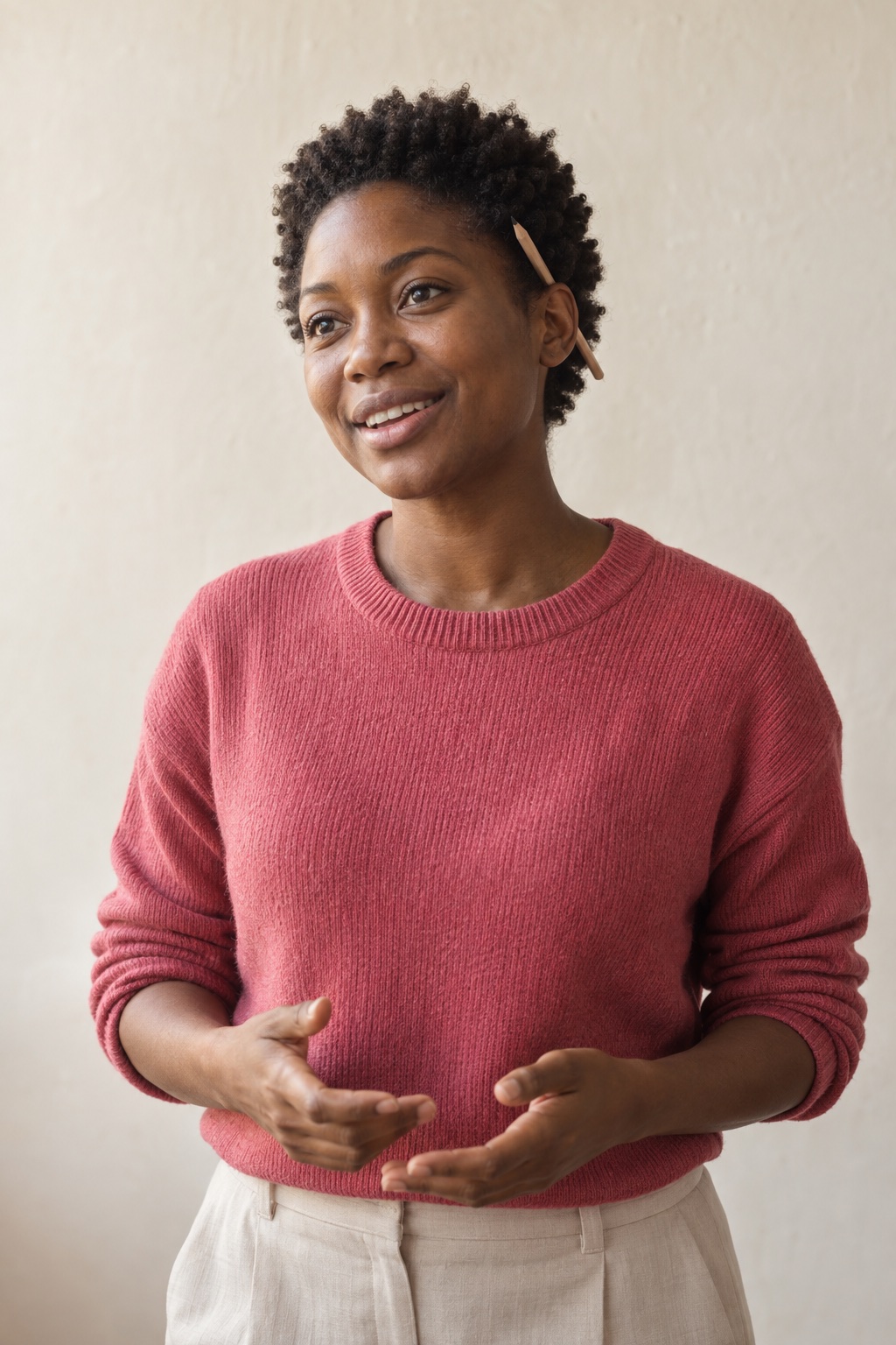 Amara, a fictional woman with short dark curls and a pencil behind one ear, mid-sentence in a rose knit jumper.