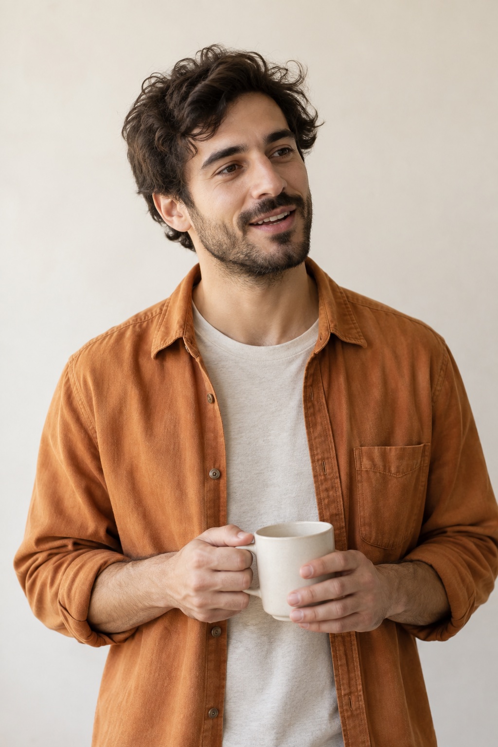 Theo, a fictional young man with dark curly hair and a beard, holding a mug in both hands, in an apricot overshirt.