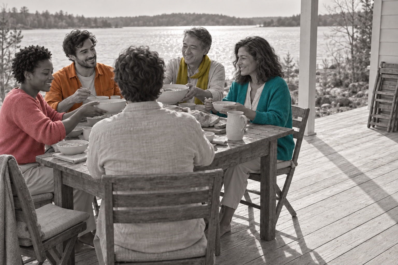 Five friends eating at a wooden table on a lakeside porch, backlit by afternoon sun, the chairs throwing long shadows across the boards. Amara in her rose knit and Jonah in his citron scarf pass bowls of soup, Theo in his apricot overshirt and Ines in her sea-green cardigan are laughing, and the fifth friend sits with their back to the camera.