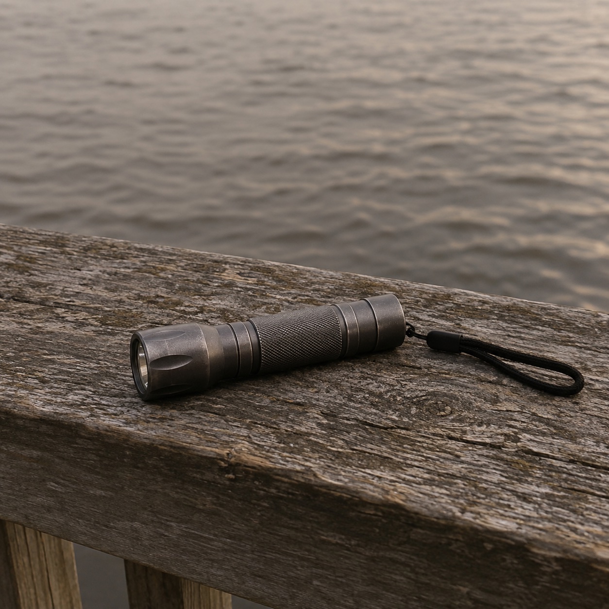 A metal torch lying on a weathered porch rail above lake water at dusk. Shared by Jonah.