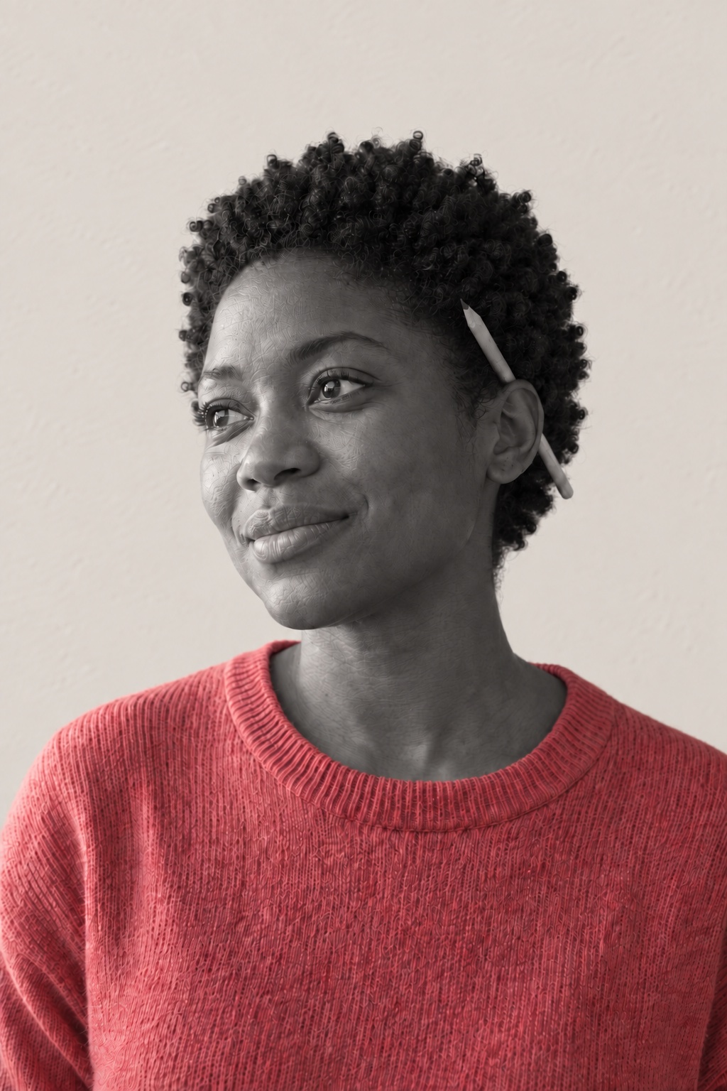 Amara, fictional, in her rose knit with a pencil behind one ear, lit low from the left with the far side of her face in shade.