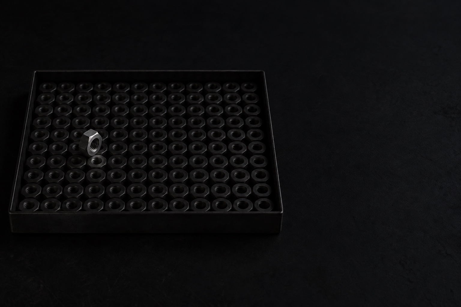 A tray of steel hex nuts in rows. One nut stands on its edge in the only light.
