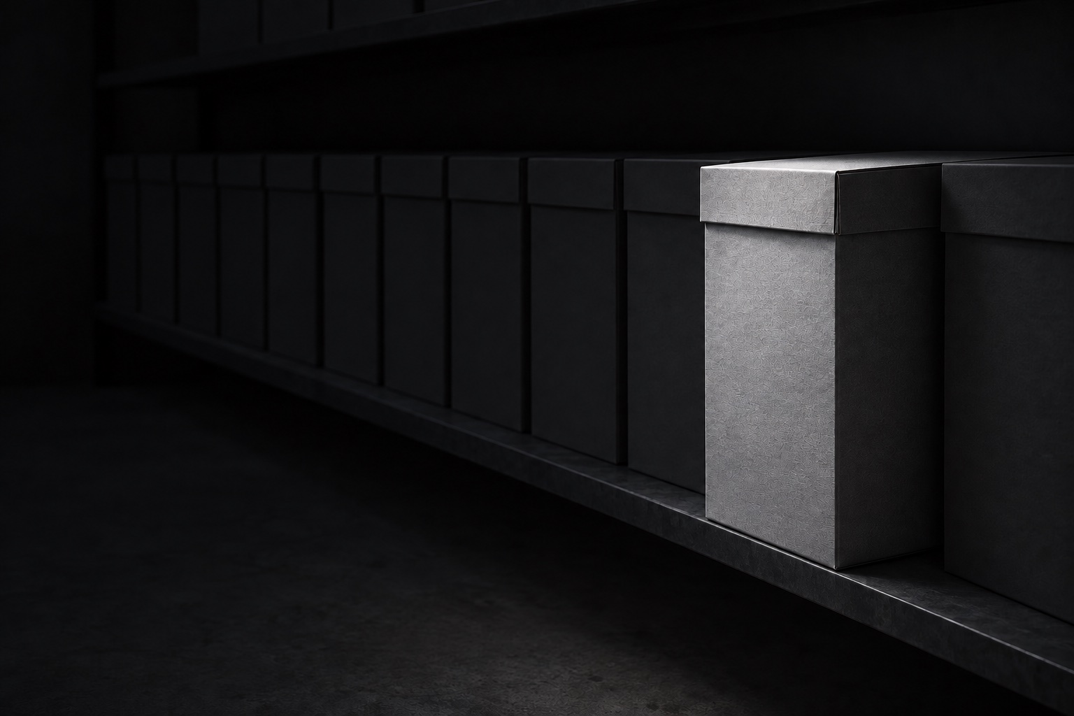 A long shelf of plain grey archive boxes. One box is pulled a hand's width forward into the only light.