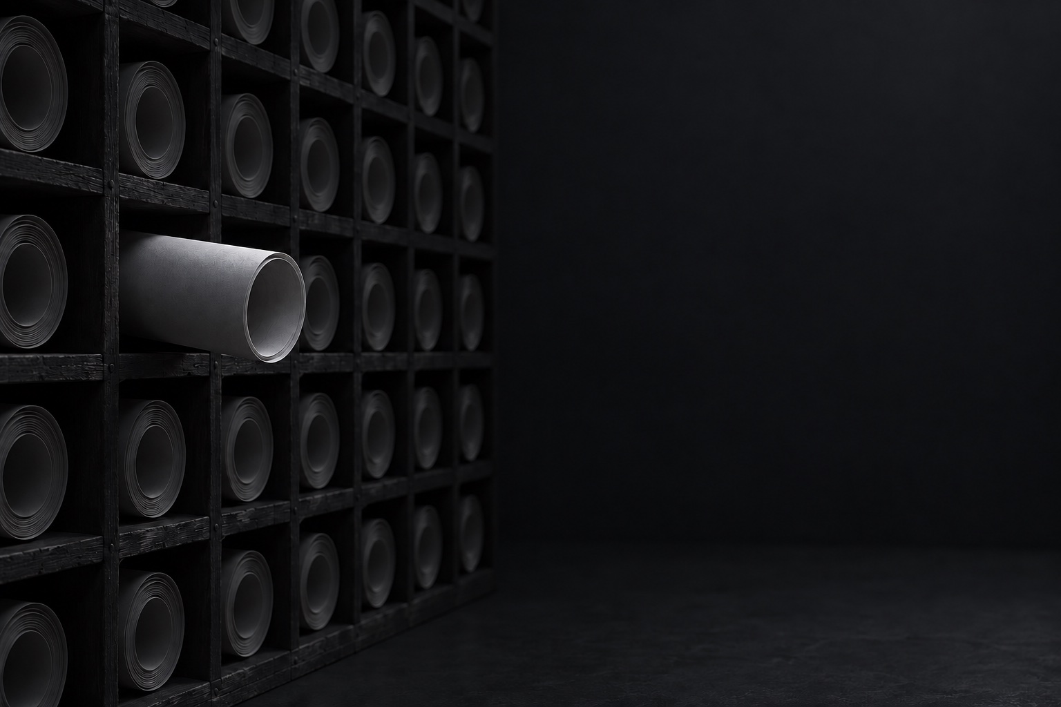 A rack of rolled blank paper in square cells. One roll is drawn halfway out into the only light.
