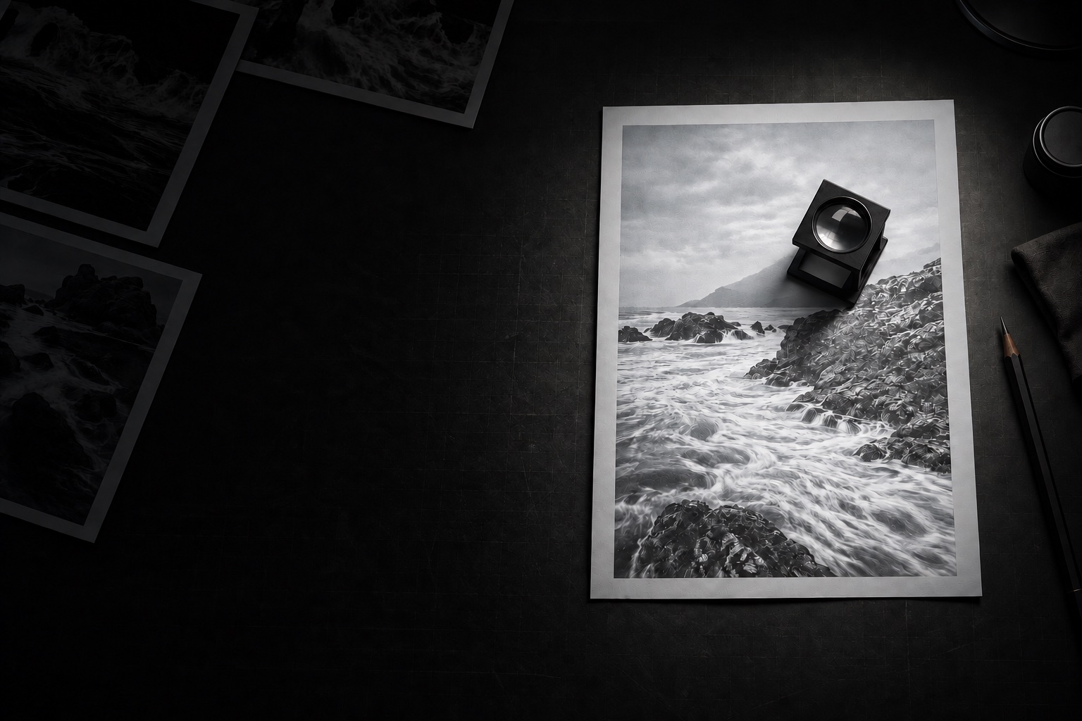 Seen from above at night, photographic prints lie on a dark cutting mat, and one print of the sea is lit by a desk lamp with a loupe resting on it.