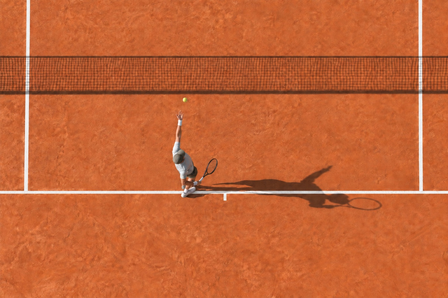 A clay tennis court seen from directly overhead: a player tosses the ball to serve and a long shadow runs to the right.