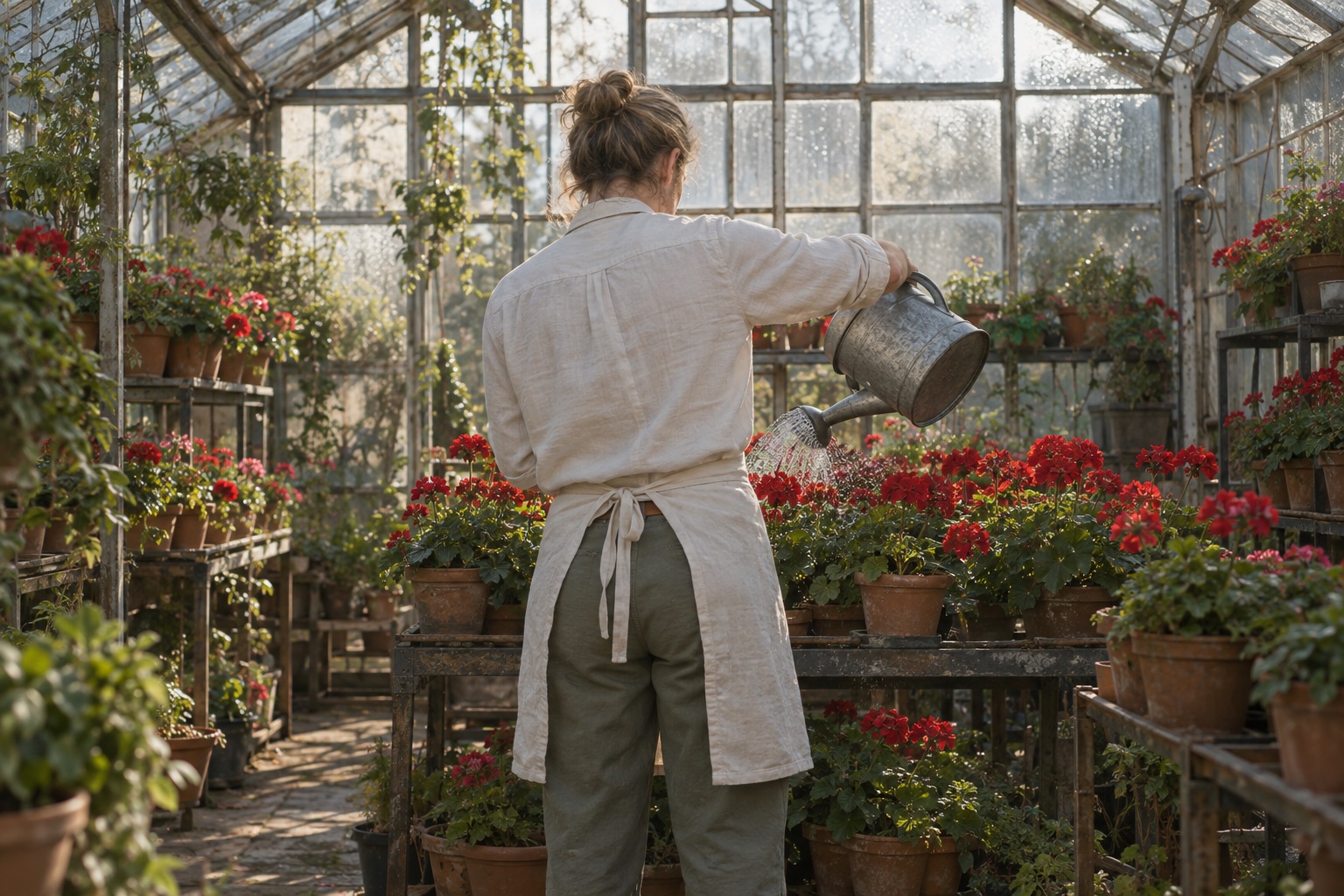A gardener seen from behind waters tiers of red pelargoniums in an old glasshouse.