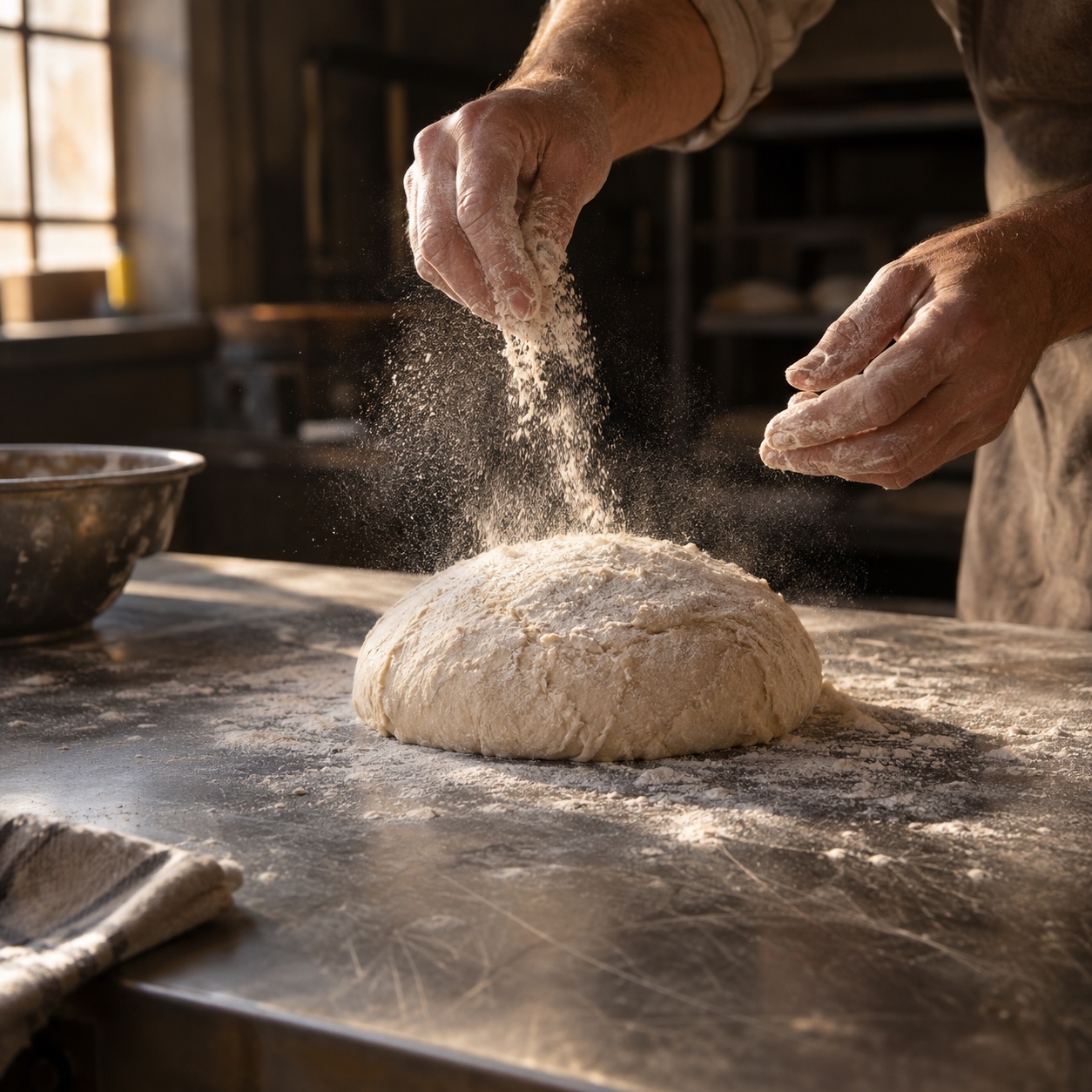 A baker's hands scatter backlit flour over a round of dough on a steel bench.