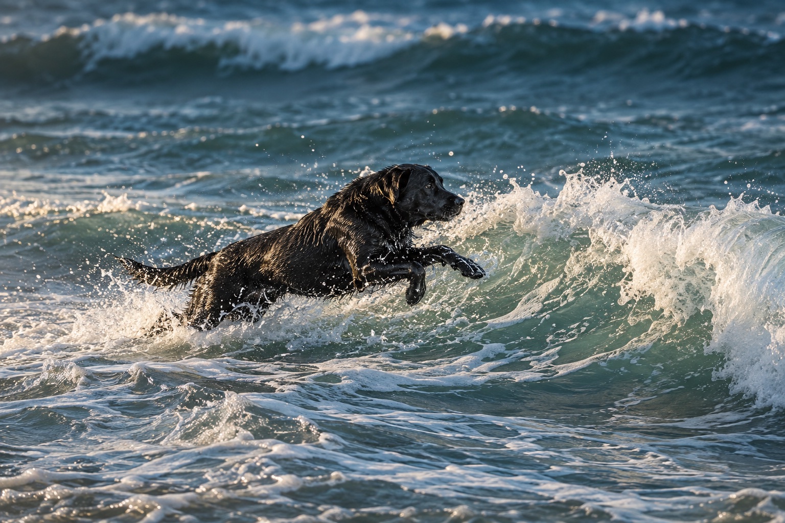 A black dog leaps into a breaking wave, spray lit by a low sun.