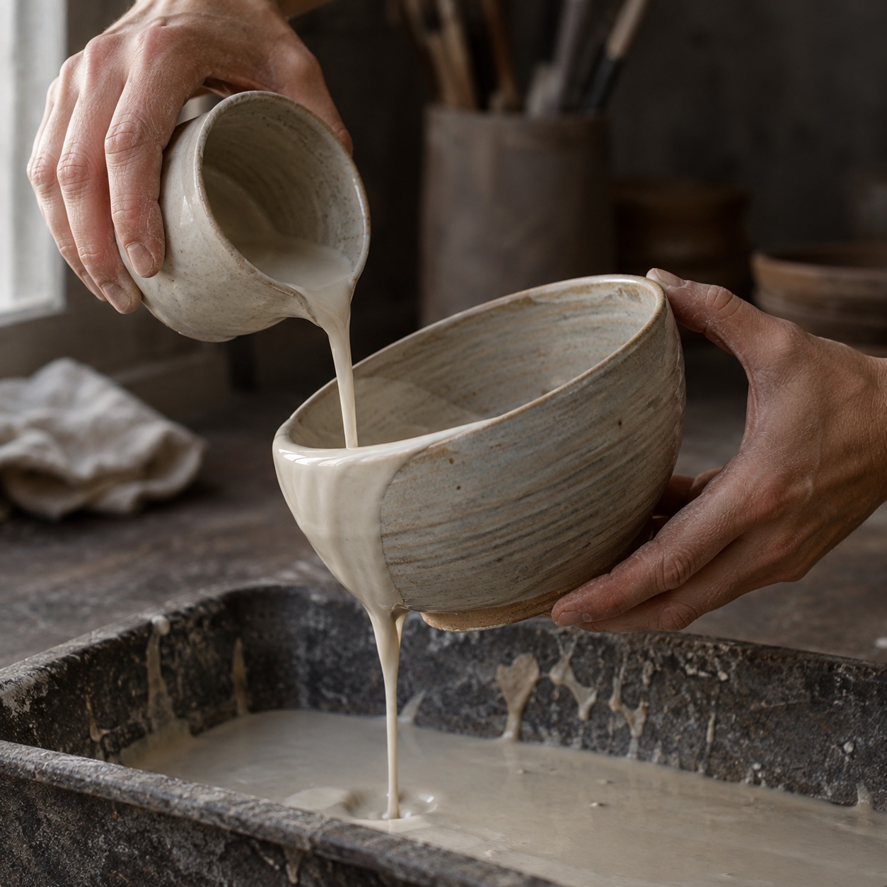 Two hands pour pale glaze over a thrown stoneware bowl, the glaze running off the rim into a tray.