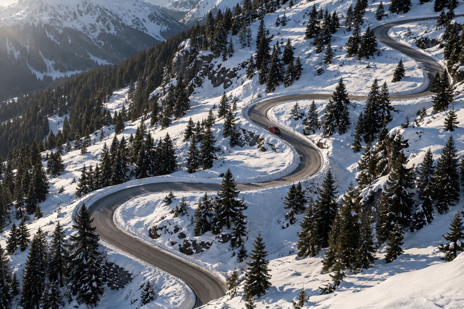 A high view of a snowy mountainside where a road climbs in switchbacks between dark pines, one small red car on the second bend.