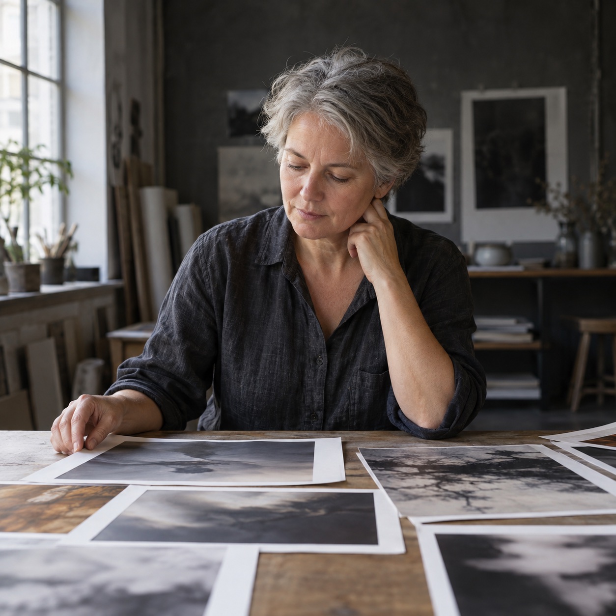 Illustrative portrait: a grey-haired picture editor looks down at prints spread across a long table.
