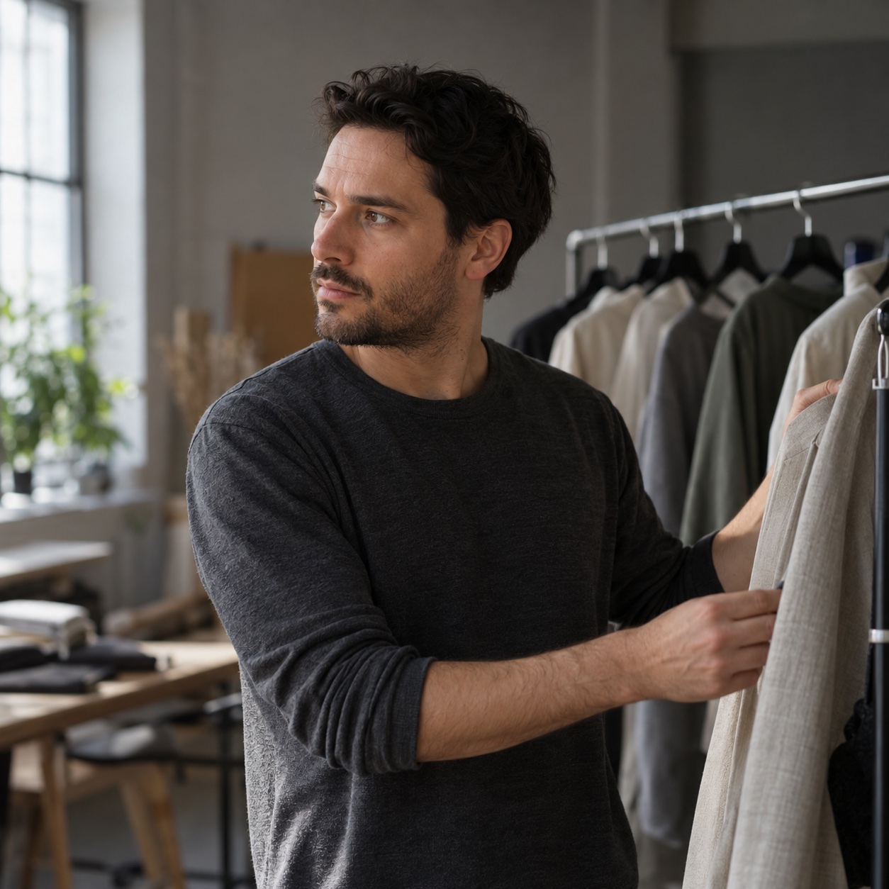 Illustrative portrait of Teodor Vasskar: a studio producer beside a rail of clothes in a daylit studio, looking to one side.