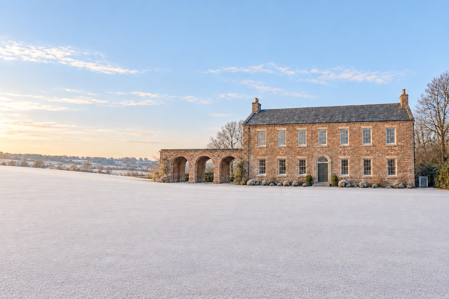 Cloister School, a finished two-storey school of 1911 in rubble stone with brick dressings and a three-arched cloister at its left, seen across its frosted east court in low winter sun.