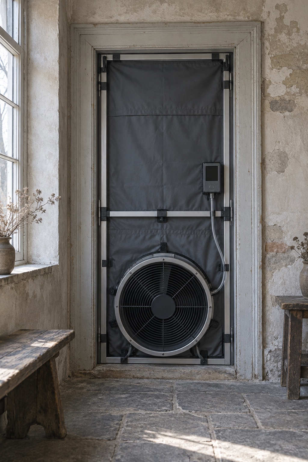 A blower-door test fan sealed into a painted timber doorway at Cloister School.