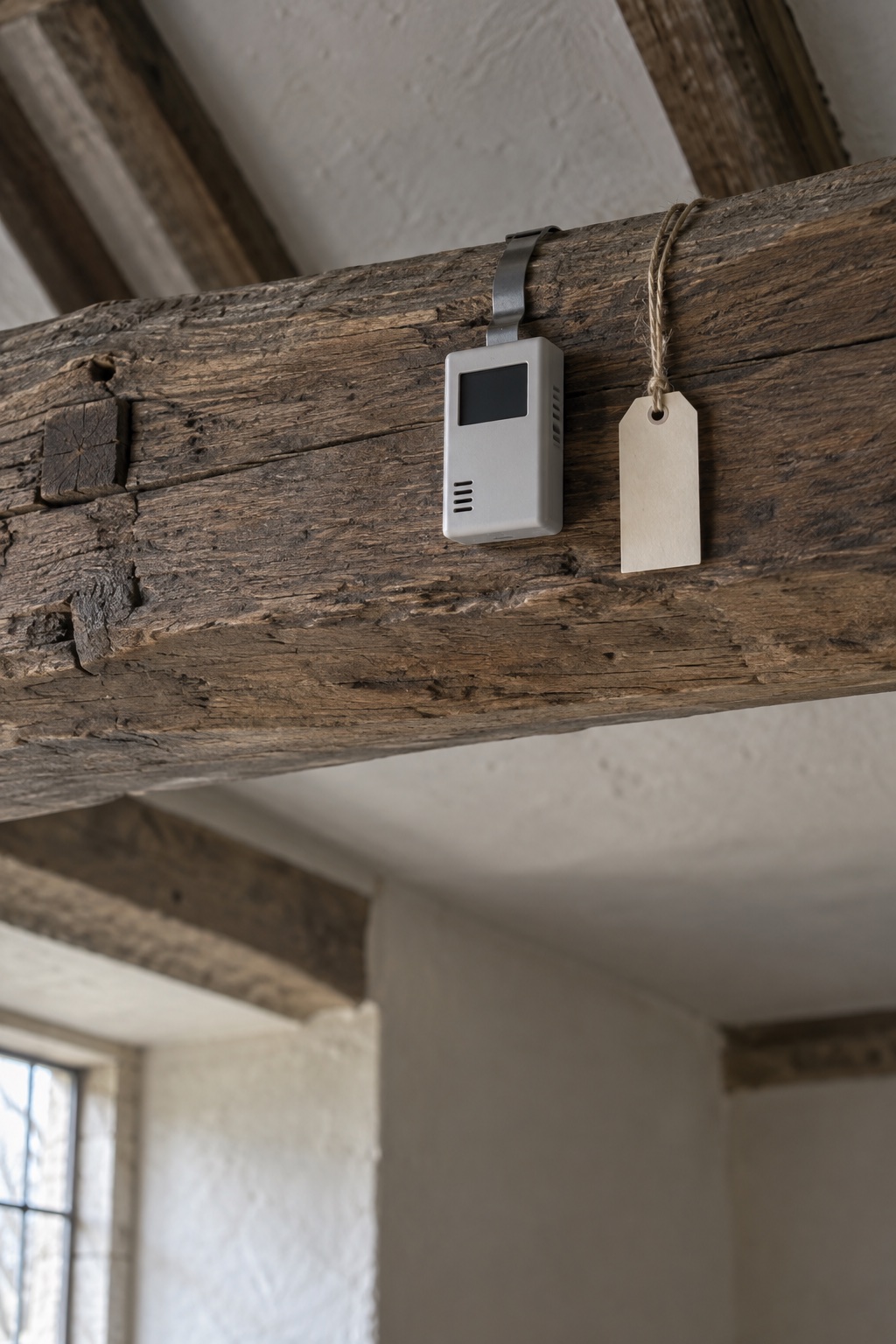 A small data logger clipped to an old oak roof beam beside a blank paper tag.