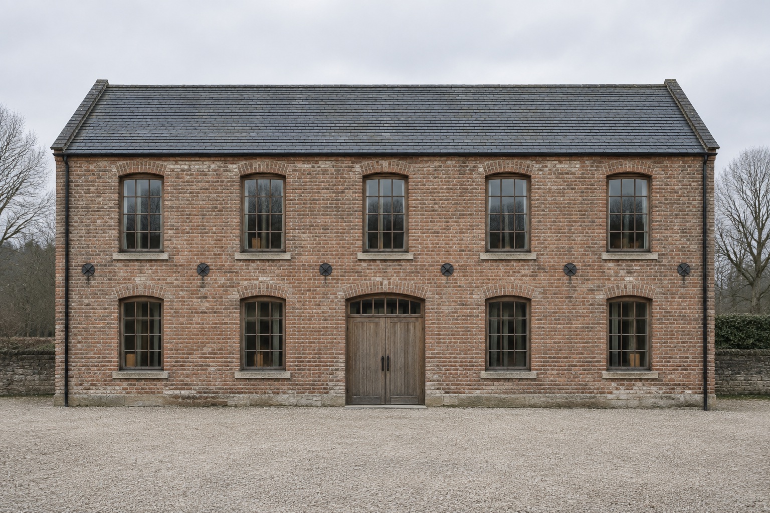 Ferrier’s Mill, a two-storey brick mill with tall timber windows, photographed square on.