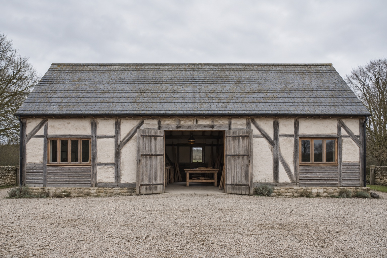 Lathe Barn, a timber-framed barn used as a joinery workshop, its doors open onto a gravel forecourt.