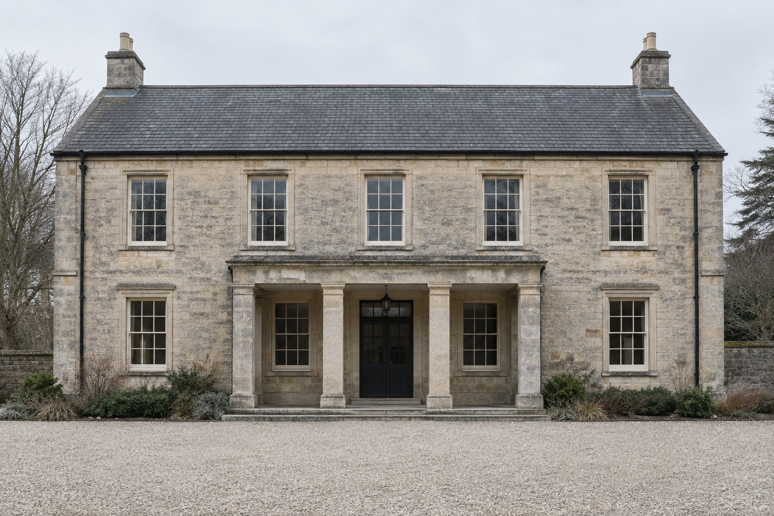 Colonnade Wing, a limestone school wing with a four-pier entrance porch, photographed square on.