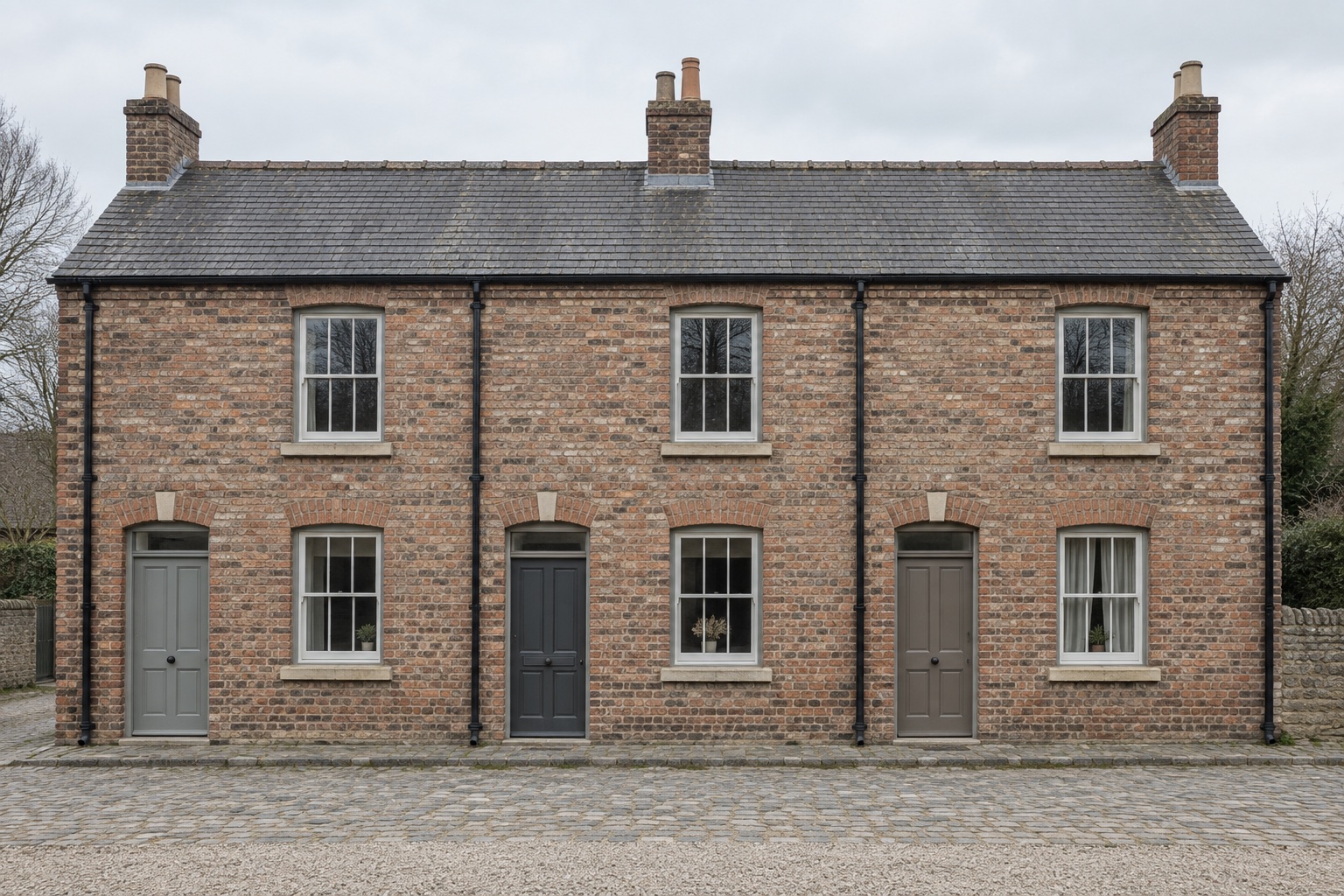 Cooper’s Row, three brick terraced houses with painted doors, photographed square on.