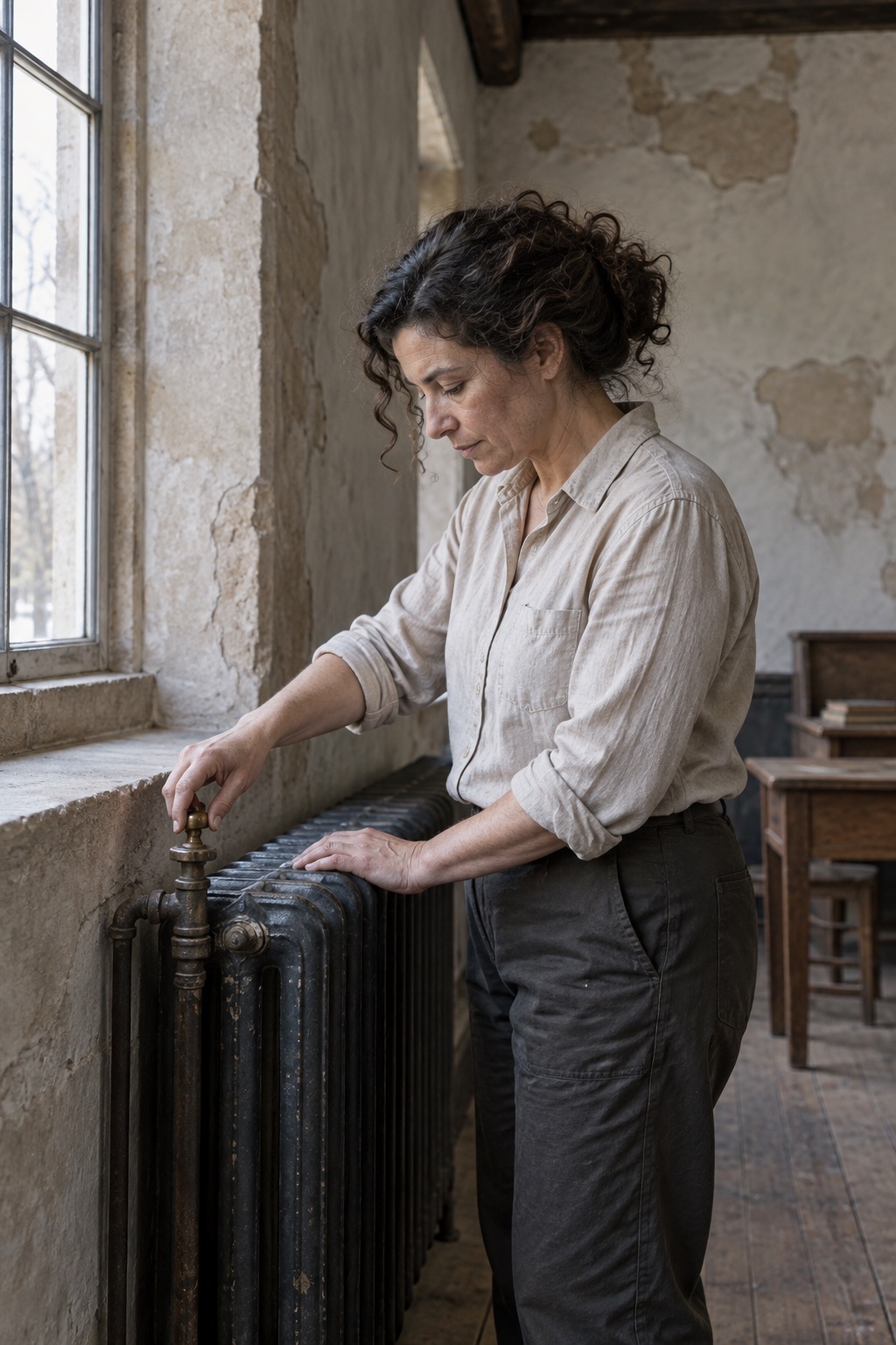 A woman in a linen work shirt adjusts the valve on a cast-iron radiator beside a classroom window.